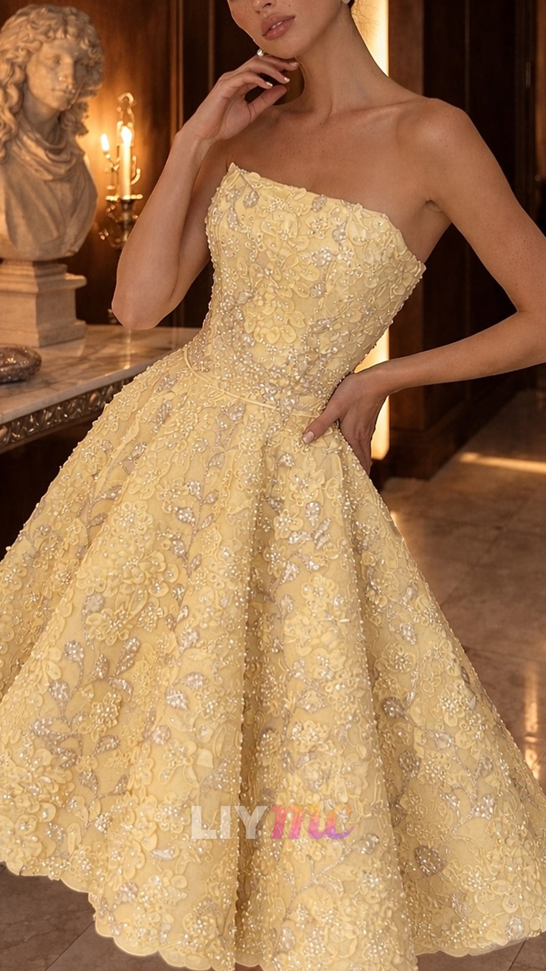 Strapless Floral Appliques A-Line Prom Dress