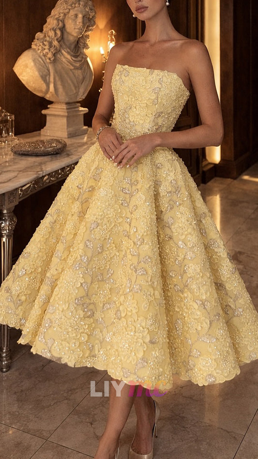 Strapless Floral Appliques A-Line Prom Dress