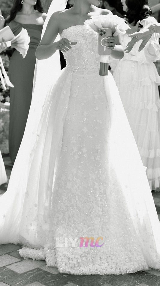 Strapless Floral Appliques Beaded Mermaid Wedding Dress