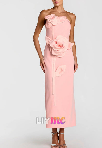 Strapless Floral Embellished Sheath Cocktail Dress