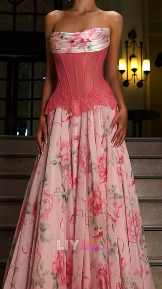 Strapless Floral Printed Sleeveless A-Line Prom Dress