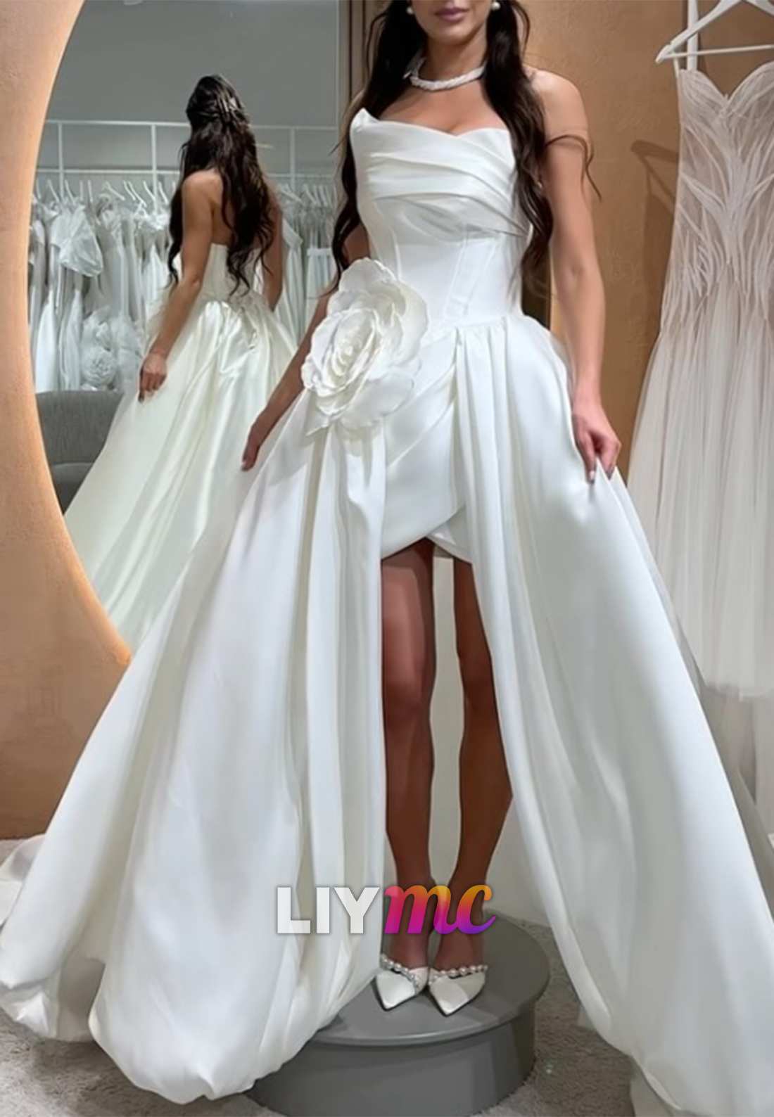 Strapless High Low Satin A-Line Summer Wedding Dress