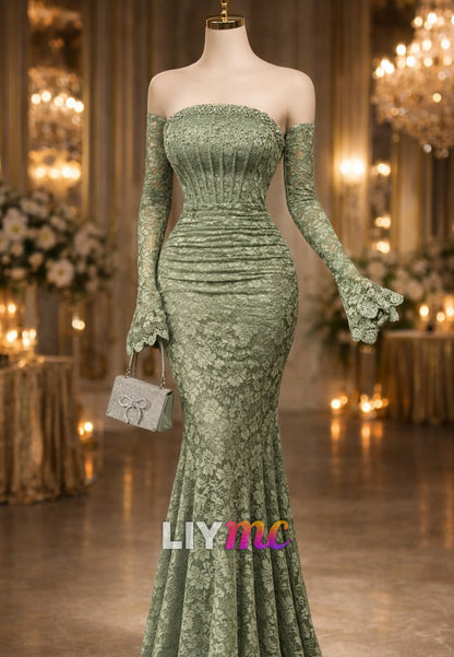 Strapless Lace Appliques Mermaid Prom Dress with Gloves