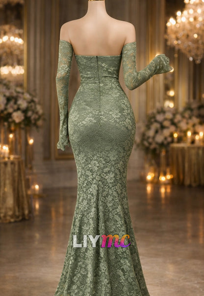 Strapless Lace Appliques Mermaid Prom Dress with Gloves