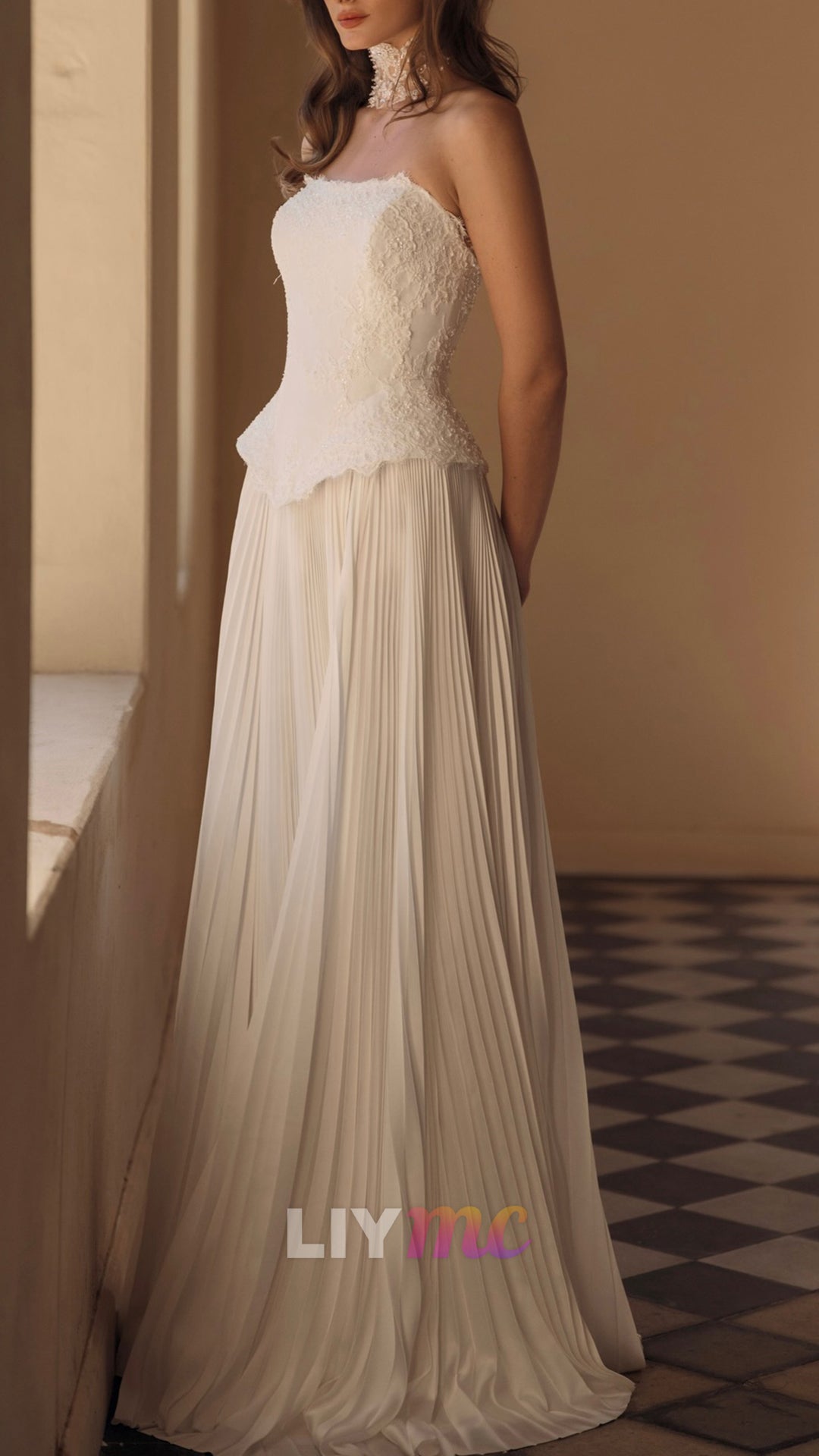 Strapless Lace Appliques Pleated Two Piece Wedding Dress