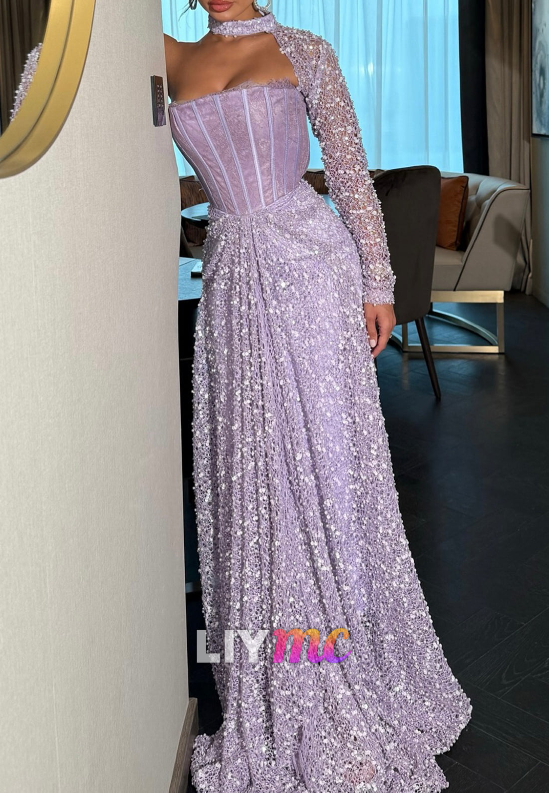 Strapless Lace Sequins Long Sleeves A-Line Evening Dress