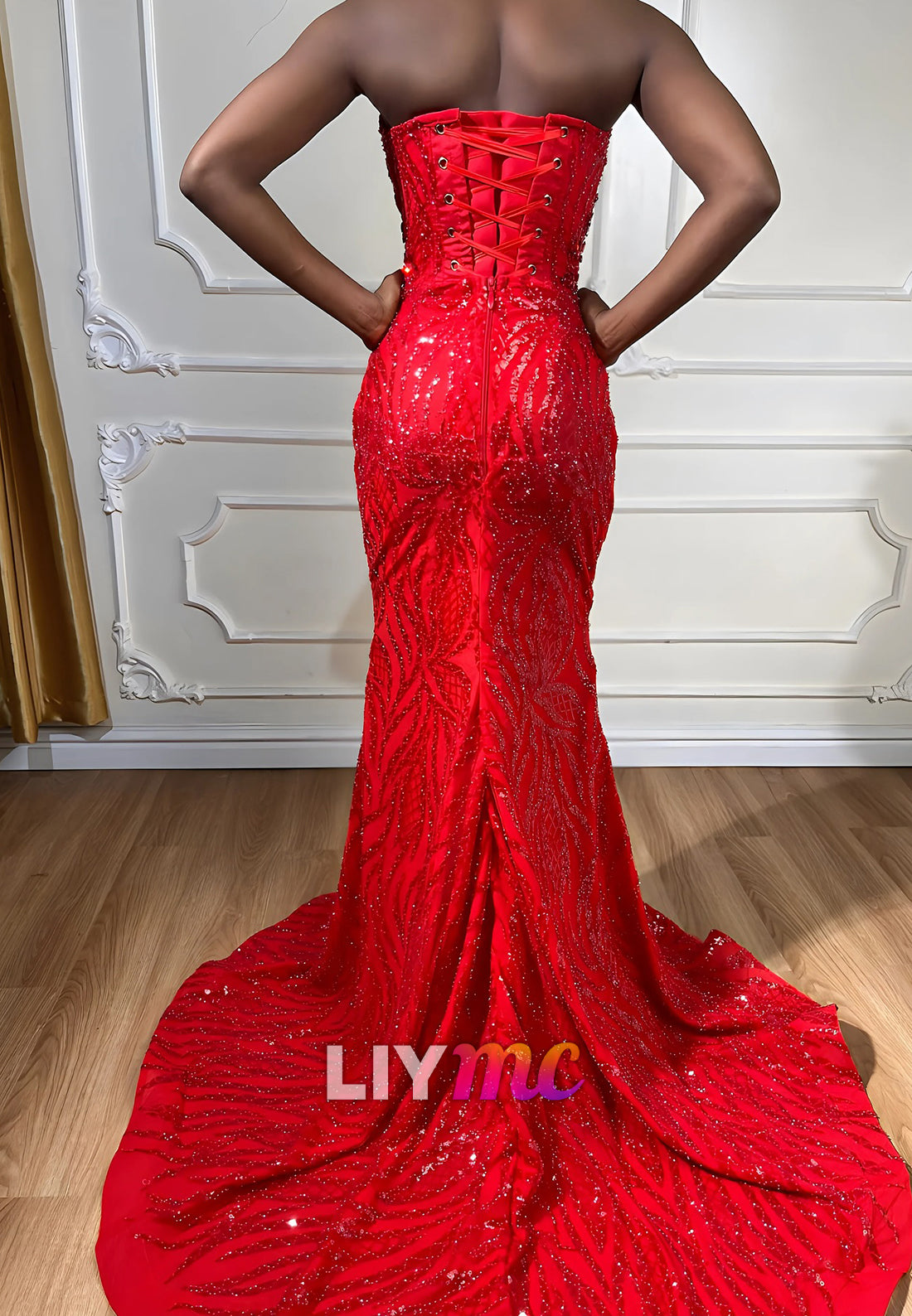 Strapless Pearl Beaded Embroidery Mermaid Prom Dress for Black Girls