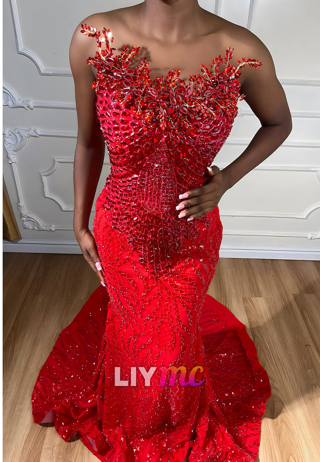 Strapless Pearl Beaded Embroidery Mermaid Prom Dress for Black Girls