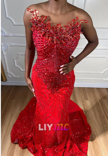 Strapless Pearl Beaded Embroidery Mermaid Prom Dress for Black Girls