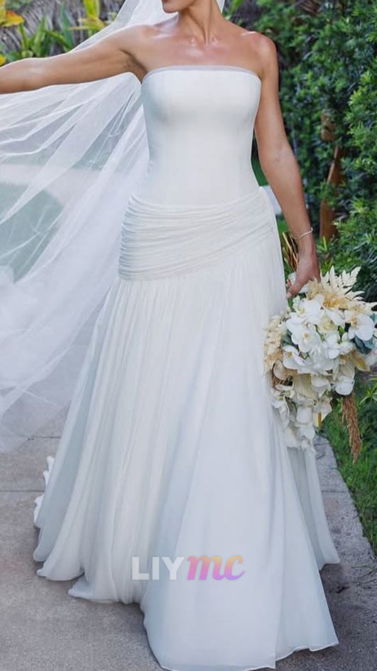 Strapless Pleated Sleeveless A-Line Wedding Dress
