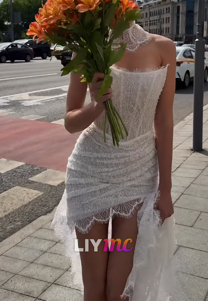 Strapless Sequins Appliques Sheath Short Wedding Dress