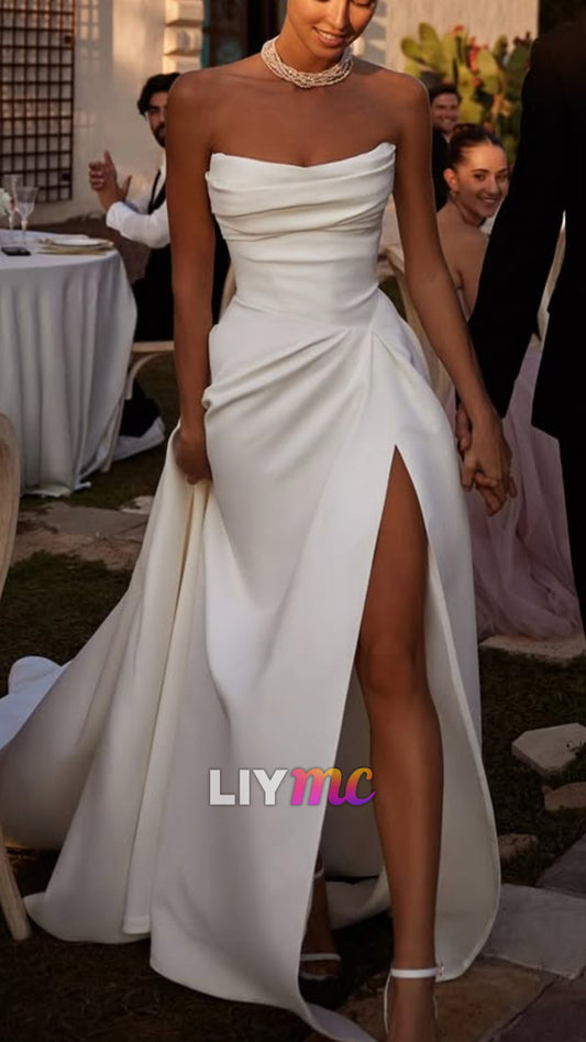 Strapless Side Slit Sleeveless Satin A-Line Wedding Dress