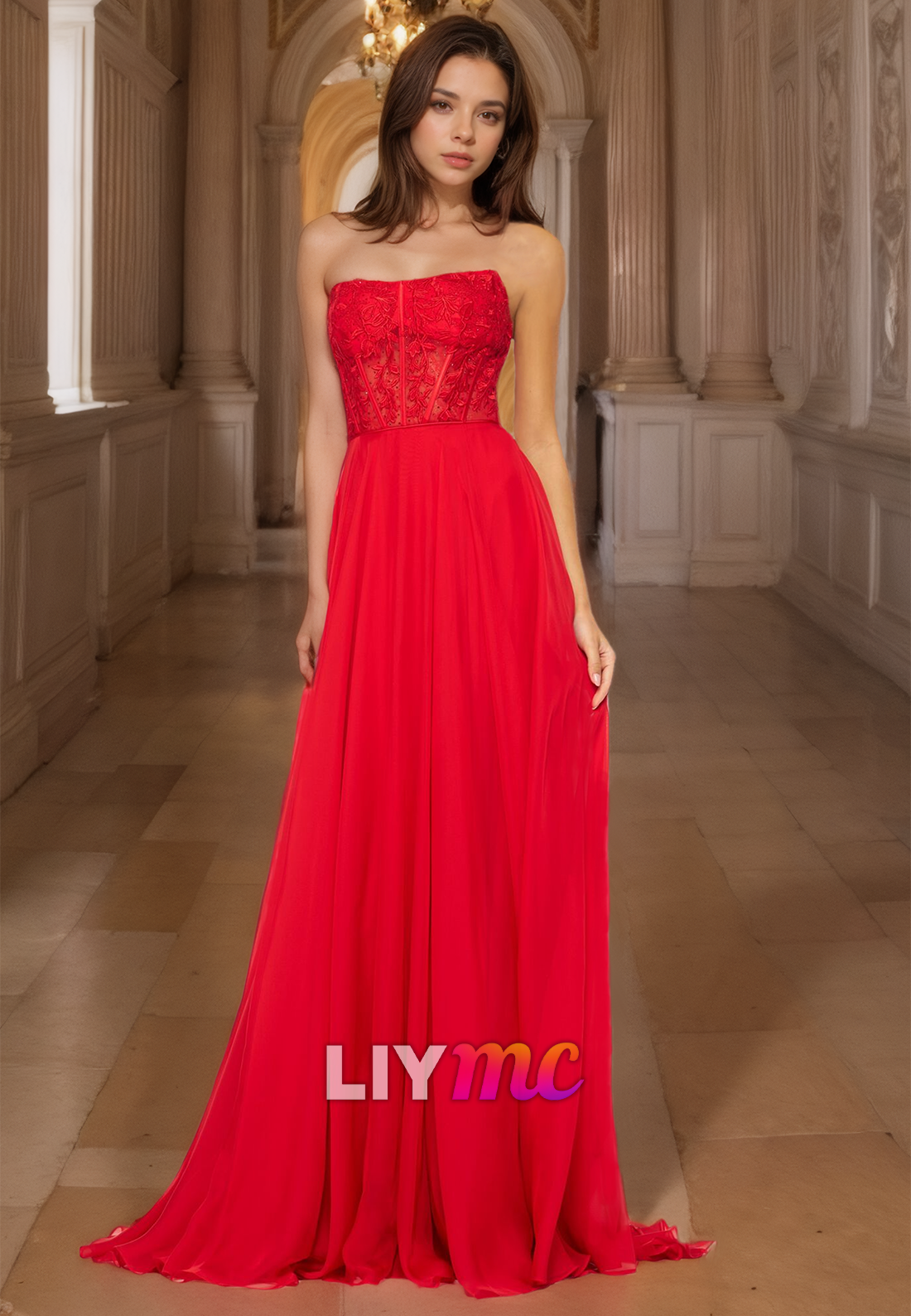 Strapless Sleeveless Appliques Pleated A-Line Prom Dress