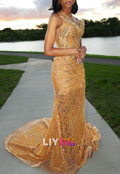Strapless Sleeveless Beaded Embroidery Mermaid Prom Dress