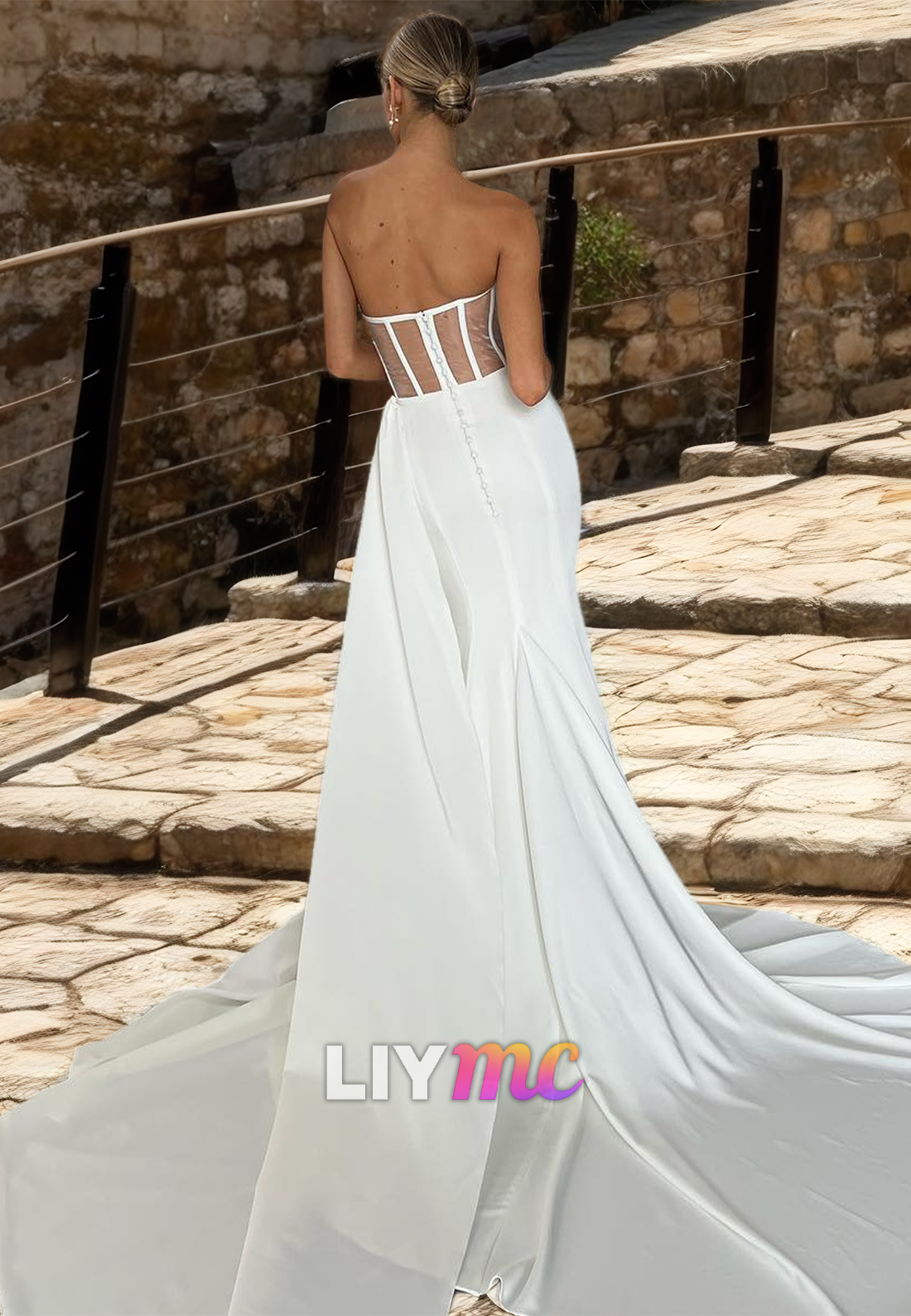 Strapless Sleeveless Beaded Ruched Mermaid Beach Wedding Dress