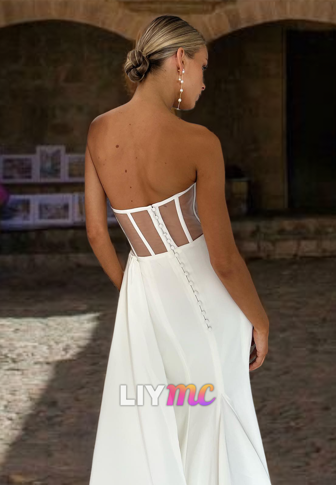 Strapless Sleeveless Beaded Ruched Mermaid Beach Wedding Dress