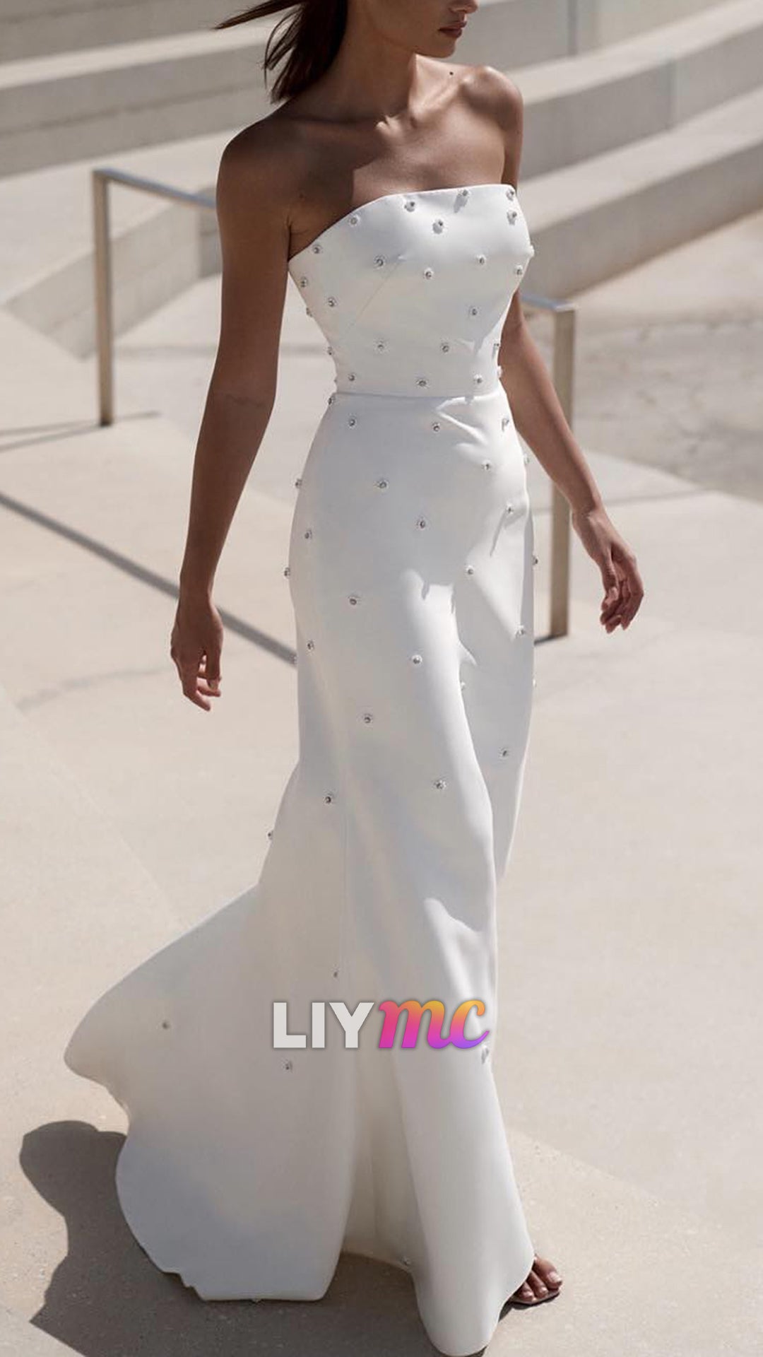 Strapless Sleeveless Beaded Sheath Wedding Dress