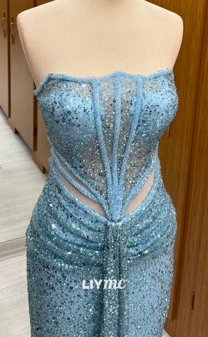 LP2255 - Strapless Sleeveless Beaded Sheer Sequins Cut Outs Pleated Cocktail Dress Prom Dress