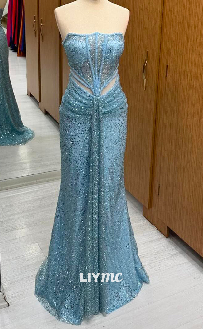 LP2255 - Strapless Sleeveless Beaded Sheer Sequins Cut Outs Pleated Cocktail Dress Prom Dress