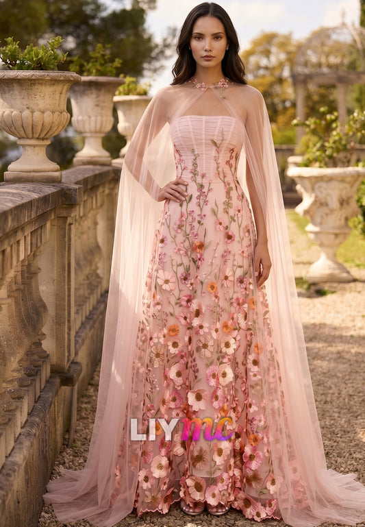 Strapless Sleeveless Floral Embellished A-Line Evening Dress