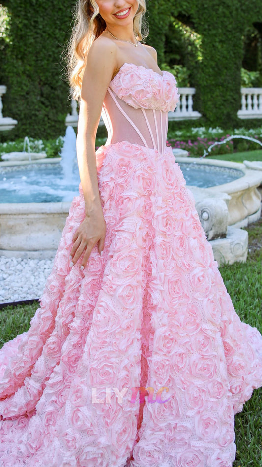 Strapless Sleeveless Floral Embellished A-Line Prom Dress