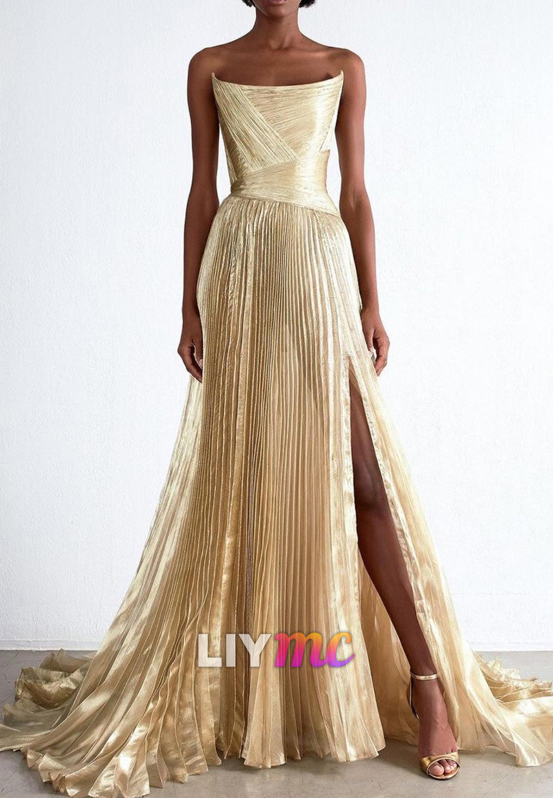 Strapless Sleeveless Pleated Side Slit A-Line Evening Dress