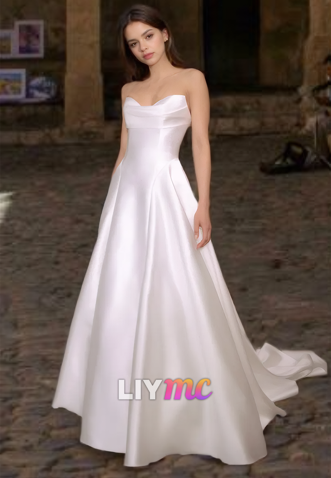 Strapless Sleeveless Sleek Pleated Satin A-Line Wedding Dress