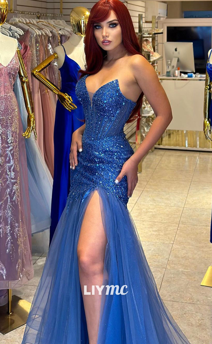 LP1304 - Strapless V-Neck Sequins Side Slit Glitter Mermaid Prom Dress