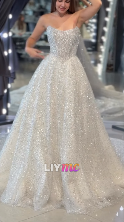 Straplesss Beaded Sparkly Tulle A-Line Bride Gown