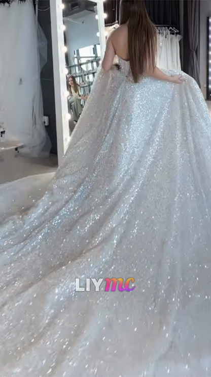 Straplesss Beaded Sparkly Tulle A-Line Bride Gown