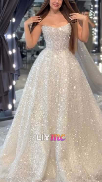 Straplesss Beaded Sparkly Tulle A-Line Bride Gown