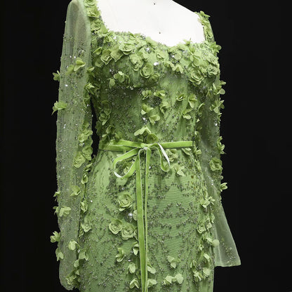 Stunning Lime Green 3D Floral Mermaid Evening Dress