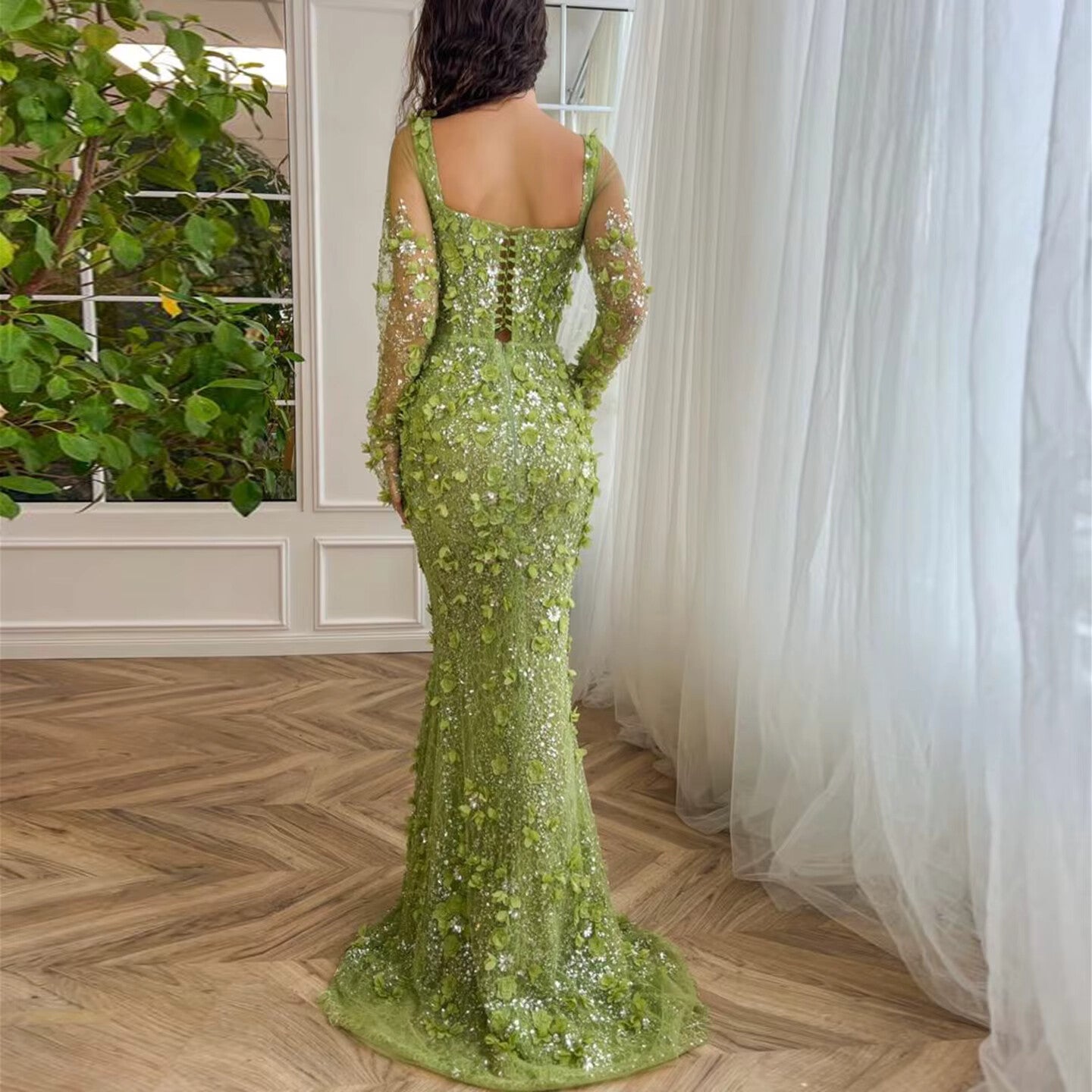 Stunning Lime Green 3D Floral Mermaid Evening Dress