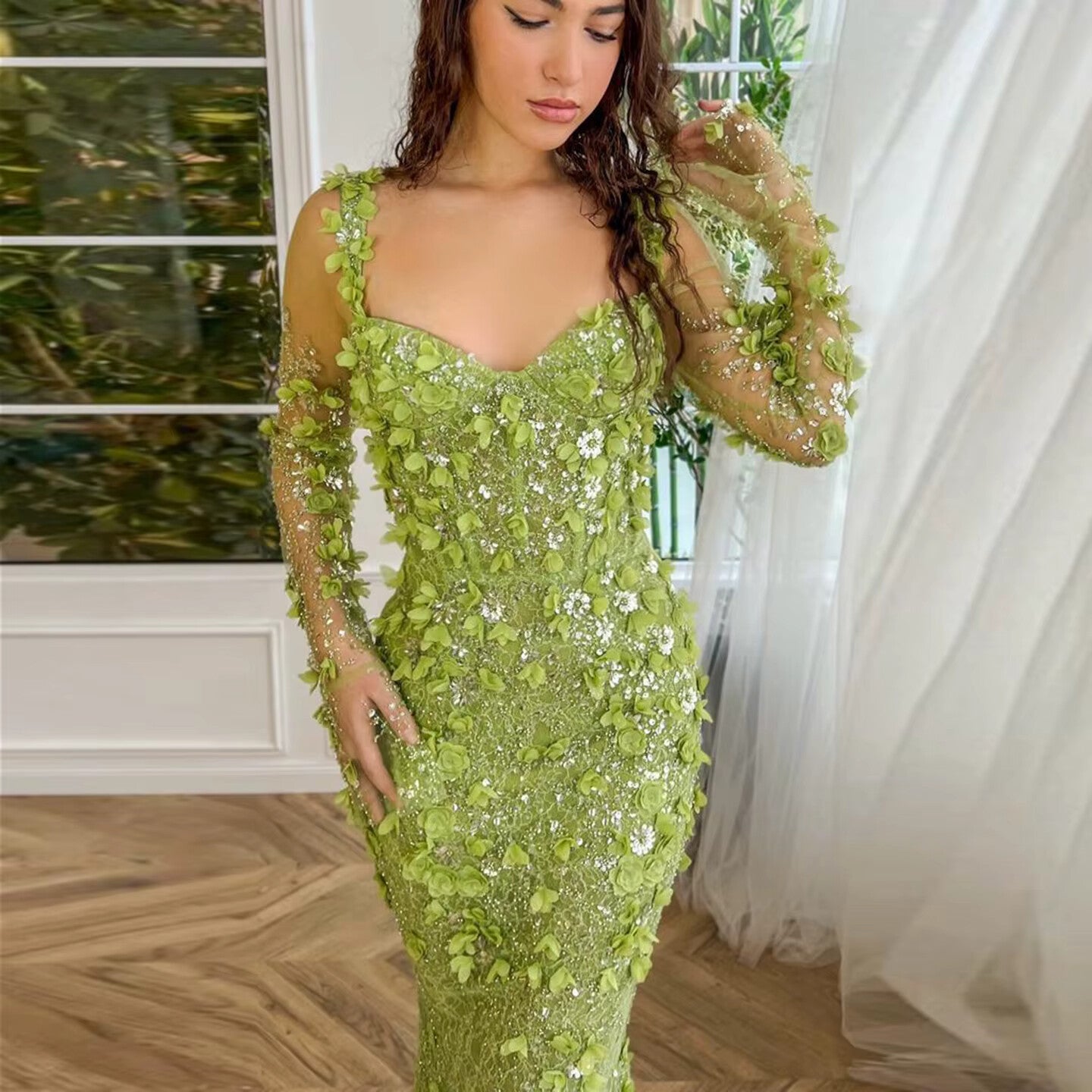 Stunning Lime Green 3D Floral Mermaid Evening Dress