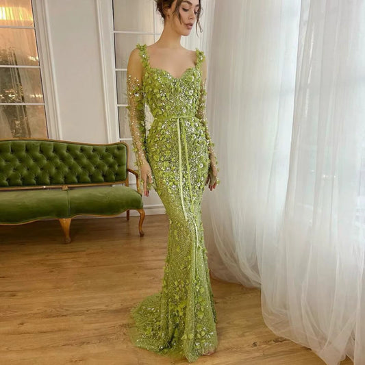 Stunning Lime Green 3D Floral Mermaid Evening Dress