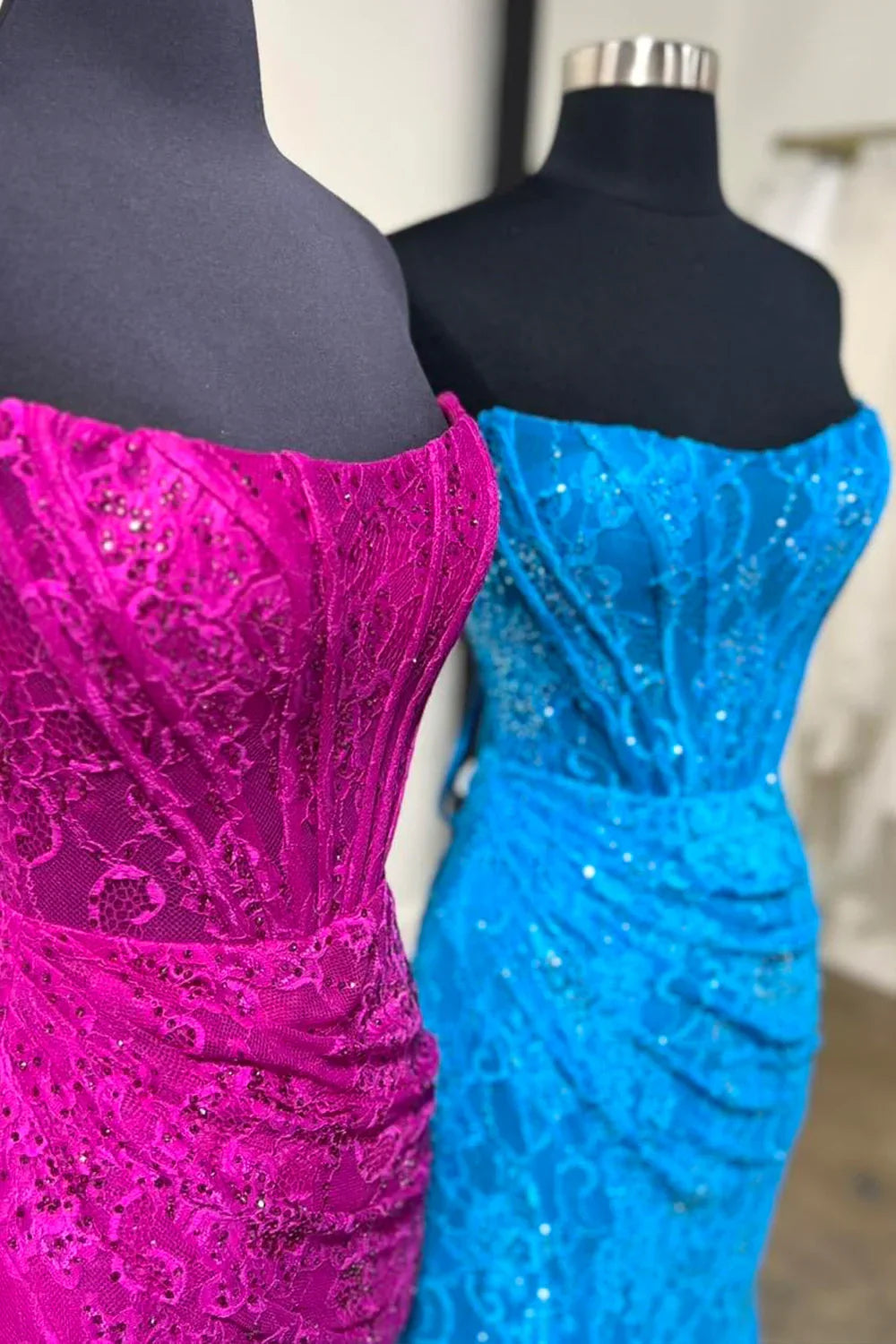 Romantic Lavender Mermaid Strapless Long Lace Prom Dress With Slit