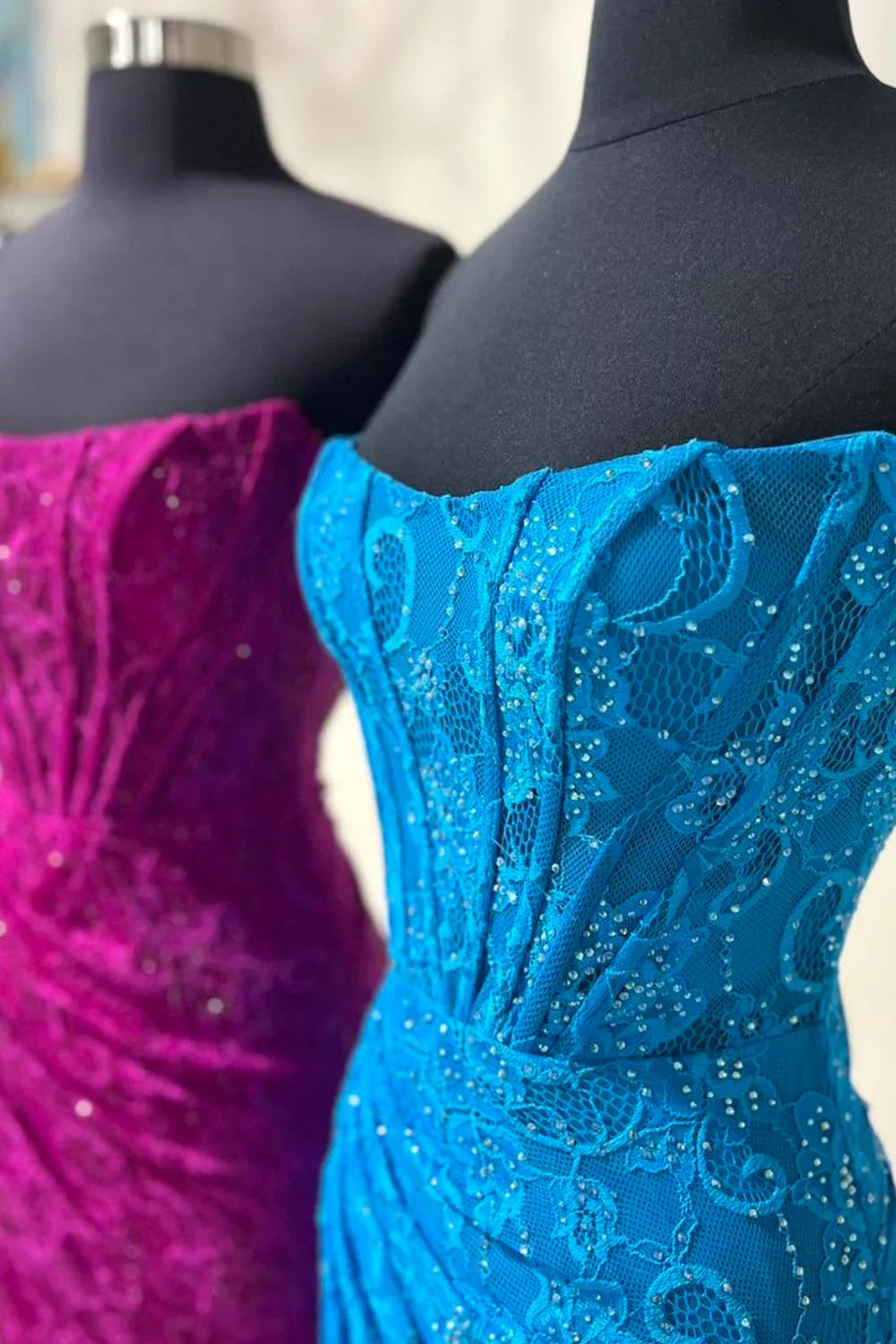 Romantic Lavender Mermaid Strapless Long Lace Prom Dress With Slit