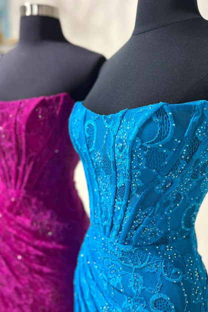 Romantic Lavender Mermaid Strapless Long Lace Prom Dress With Slit