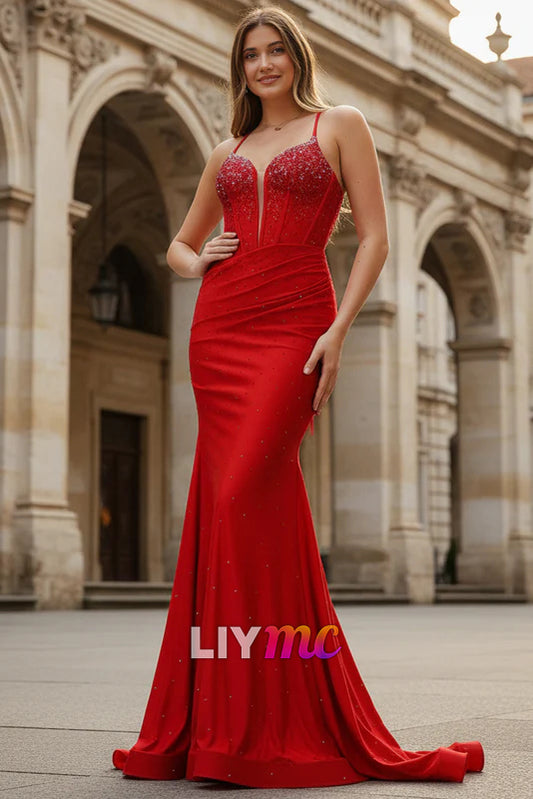 Stylish Mermaid Spaghetti Straps Fuchsia Corset Prom Dress with Beading