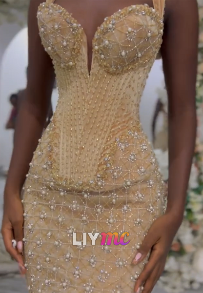 Sweetheart Beaded Embroidery Sparkly Mermaid Prom Dress for Black Girls