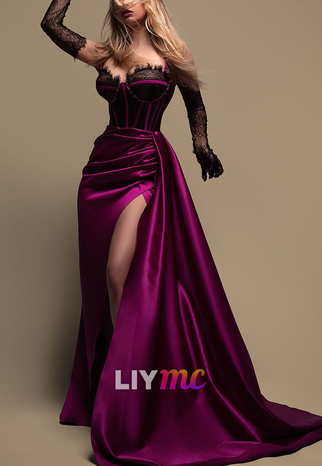 Sweeetheart Lace Appliques Pleated Sheath Prom Dress  with Gloves