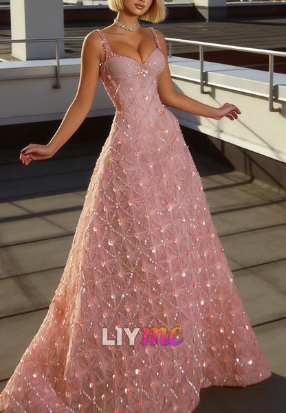 Sweeetheart Straps Beaded Embroidery A-Line Pink Prom Dress