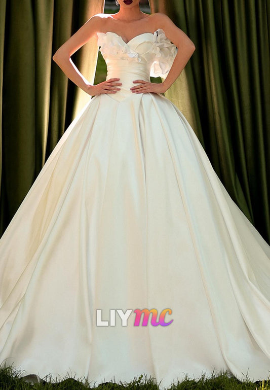 Sweetheart 3D Floral Pleated A-Line Satin Wedding Dress