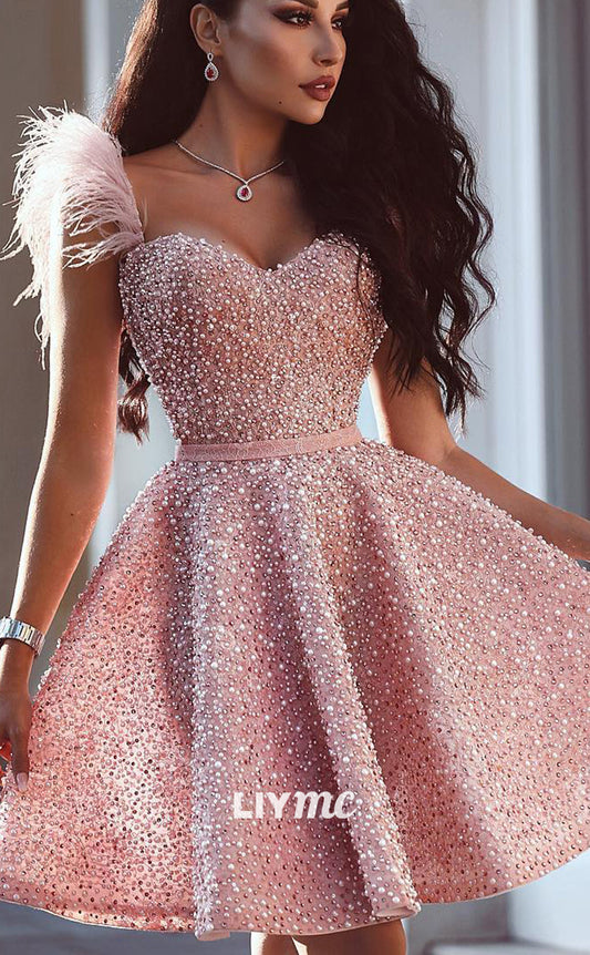 LY032 - Sweetheart A-Line Pleated Pearl Beaded Short Homecoming Dress