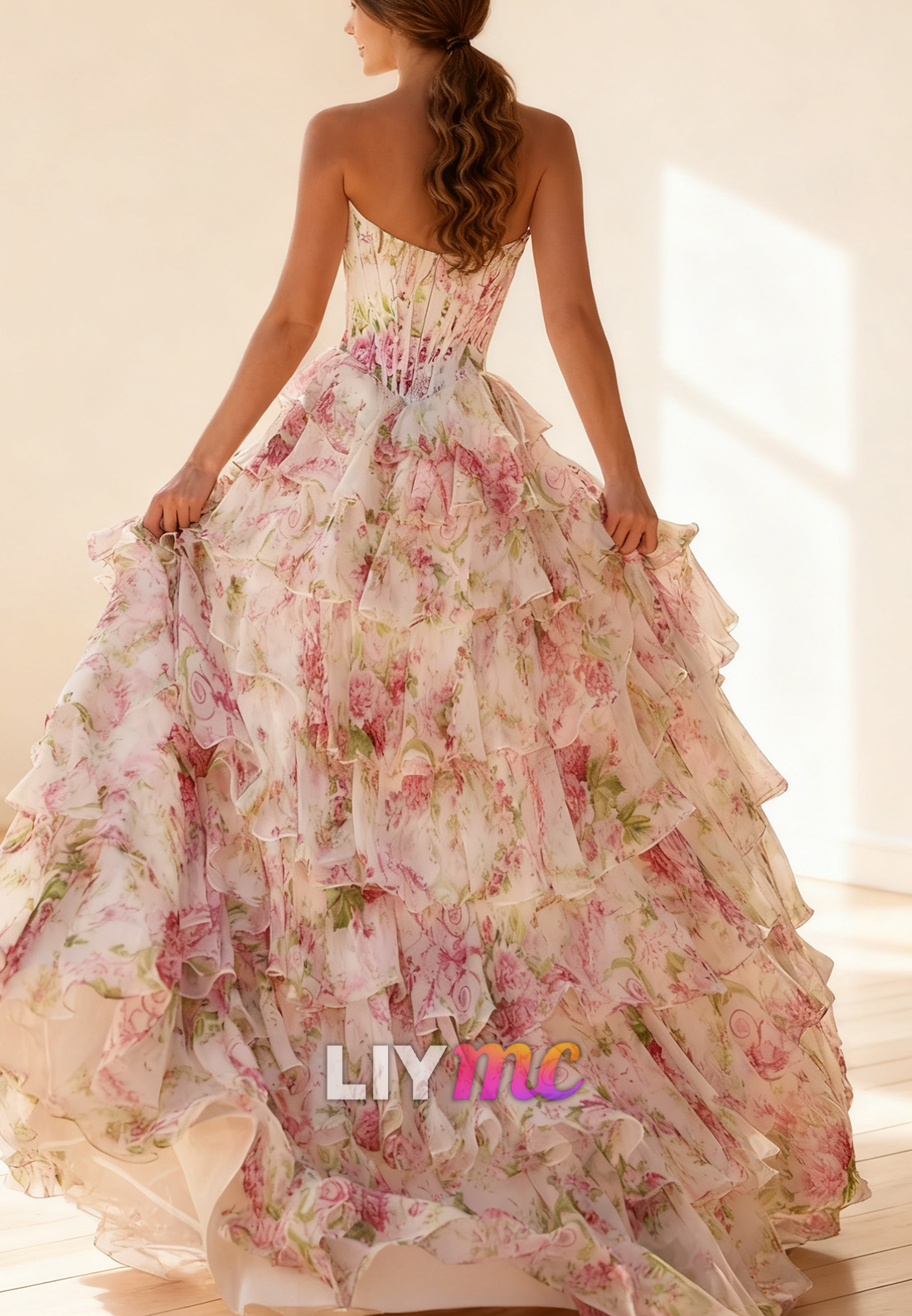 Sweetheart Appliques Floral Printed Chiffon Prom Dress