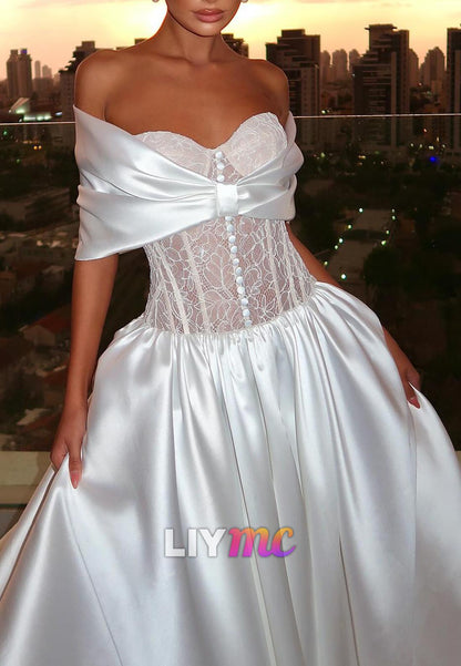 Sweetheart Appliques Pleated Satin A-Line Wedding Dress