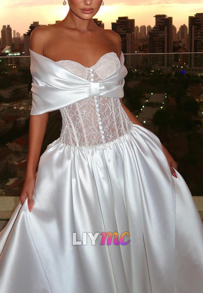 Sweetheart Appliques Pleated Satin A-Line Wedding Dress