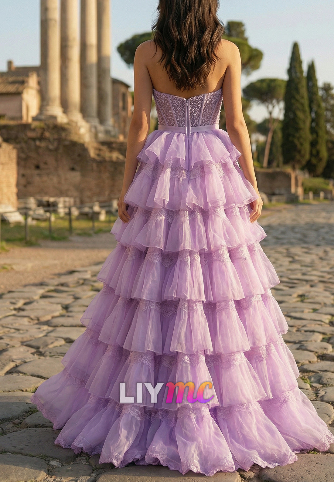 Sweetheart Beaded Chiffon Tiered A-Line Prom Dress
