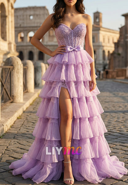 Sweetheart Beaded Chiffon Tiered A-Line Prom Dress