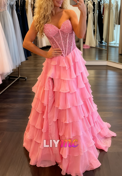 Sweetheart Beaded Chiffon Tiered A-Line Prom Dress